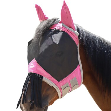Harrison Howard CareMaster Horse Fly mask with Ears and Nose Fringe Fly Protector Defender Mask Light Pink M Cob