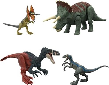 Mattel Jurassic World Dominion Survival Instincts Dinosaur Starter Set, 4 Toy Figures Including Blue, Dilophosaurus &amp; 2 Roar Strikers