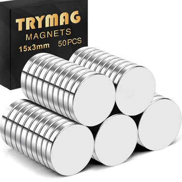 TRYMAG 50Pcs Super Strong Neodymium Magnets, 15x3mm Small Round Fridge Rare Earth Magnets for Crafts, Tiny Neodymium for Whitboard, Dry Erase Board, DIY, Scientific Models, Office