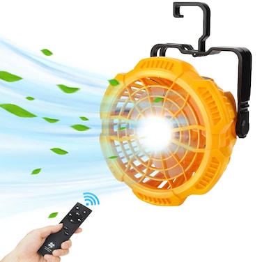 YEX-BUR Fan for Dewalt 20v Battery, Portable Ceiling Fan with Hanging Hook, Remote, LED Light, Cordless Fan Outdoor Indoor Used for Camping, Tent, Jobsite