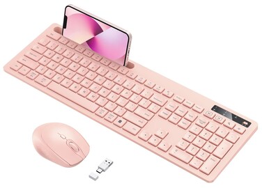 Wireless Keyboard and Mouse for MacBook, Vivefox Pink Rose Wireless Keyboard with Phone Holder, USB A &amp; Type C Receivr, Full-Size Combo for Mac, MacBook/Air/Pro Windows PC Computer