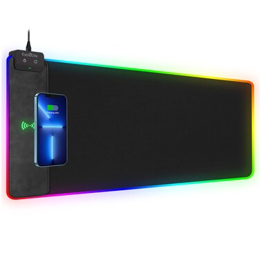 Wireless Charging RGB Gaming Mouse Pad, 31.5"x15.7" Large Desk Mat, Desk Pad with Wireless Charger, Non-Slip Rubber Base, Waterproof, Computer Keyboard Mat for Gamer, Office, Home, Black
