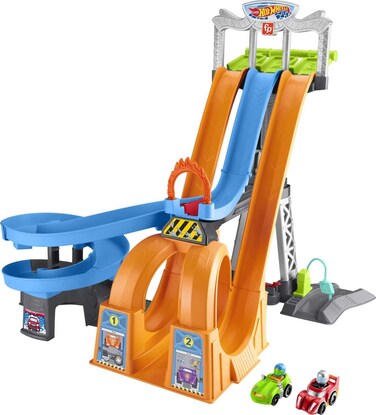 Fisher-Price Little People Toddler Toy Hot Wheels Racing Loops Tower Race Track with Stunt Ramp &amp; Sounds for Pretend Play Ages 18+ Months​