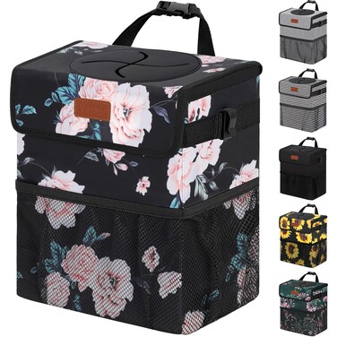 Car Trash Can for Car Cute, Car Trash Bag Bin Hanging Waterproof Automotive Car Garbage Cans Leak Proof Vehicle Trash Can Black Floral