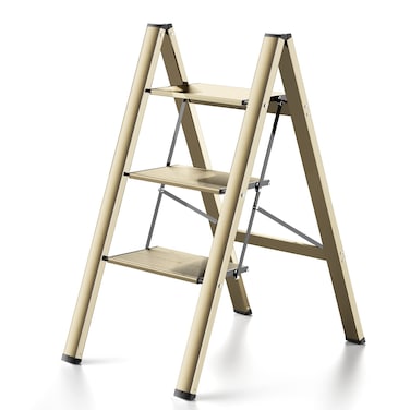 3 Step Ladder Aluminum Lightweight Folding Step Stool Wide Anti-Slip Pedal 330 Lbs Capacity Household Office Portable Stepladder, Champagne Gold