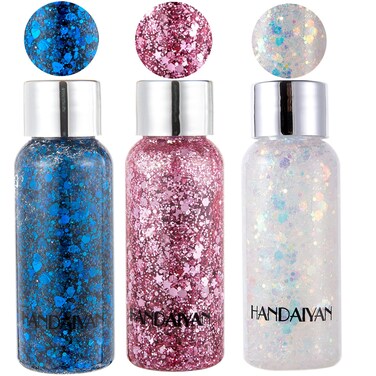 3 Pack HANDAIYAN Holographic Body Glitter Gel Nail Hair Body Face Eye Shadow Mermaid Sequins Chunky Glitter Festival Glitter Makeup for Body, Face, Hair Makeup (SetB)