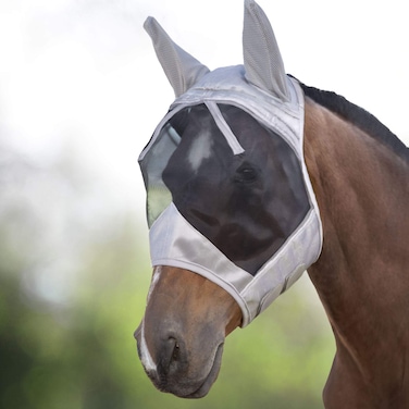 Harrison Howard CareMaster Horse Fly Mask Half Face with Ears Silver/Black Retro XL Extra Full Size