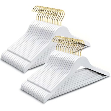 Amber Home 30 Pack Solid Wood Suit Coat Hangers, Smooth White Finish Wooden Dress Hangers with Non Slip Pant Bar, Clothes Hangers with Gold Hook &amp; Notches for Jacket, Pant, Shirt (White+Gold, 30)