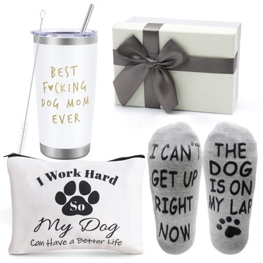 Best Dog Mom Gifts,20 OZ Wine Tumbler Unique Gifts Idea Basket Box with Socks for Veterinarian,Animal Rescue or Vet Tech,Makeup Bag Dog Lover Funny Gift for Women,Gag Gift for New Puppy Baby Owners