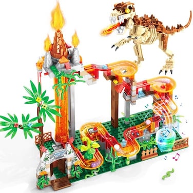 Dinosaur Building Block Set Toy with Construction Electric Marbles Run Track for 6+ Years Kids Boys Girls   STEAM Gift Dinosaur Park Building Bricks Kits for 8 9 10 11 12 13 14 Years Kids