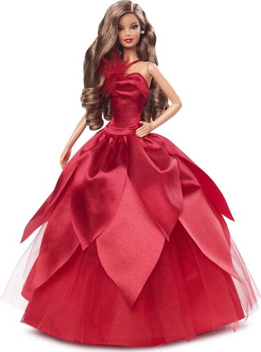 Barbie Signature 2022 Holiday Doll, Light-Brown Wavy Hair Wearing Red Poinsettia-Inspired Gown, Collectible with Doll Stand &amp; Certificate of Authenticity
