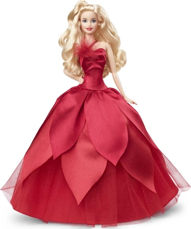 Barbie Signature 2022 Holiday Doll, Blonde Wavy Hair Wearing Red Poinsettia-Inspired Gown, Collectible with Doll Stand &amp; Certificate of Authenticity