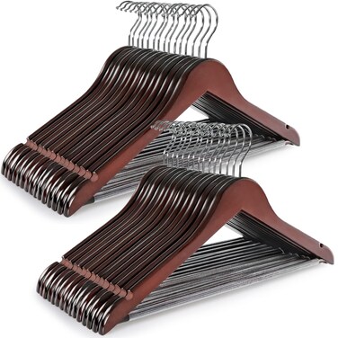 TOPIA HANGER Wooden Coat Hangers 30 Pack, Cherry Wood Suit Hangers with Non Slip Pants Bar, 360&deg; Swivel Hook and Shoulder Notches for Camisole, Jacket, Pants, Smooth Finish Clothes Hangers - CT34M30