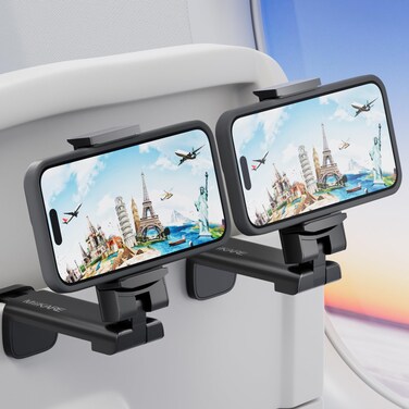 MiiKARE Airplane Travel Essentials Phone Holder, Universal Handsfree Phone Mount for Flying with 360 Degree Rotation, Accessory for Airplane, Travel Must Haves Phone Stand for Desk, Black&amp;Black