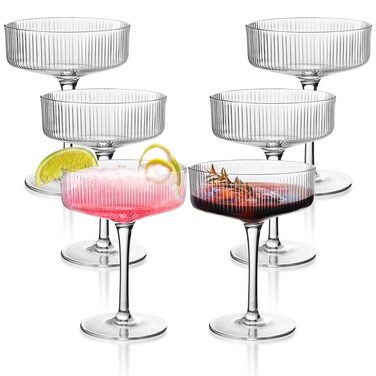 Montex 6 Pcs Ribbed Coupe Glasses, 10 oz Martini Glasses, Classic Vintage Cocktail Galssware, Pefect for Cocktail, Champagne and Gift