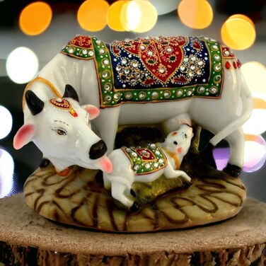 Good Luck Gift Items Art Handicraftgiftgallery Decorative Marble dust/Polyresin Cow and Calf Showpiece Idols and Figurines(White)
