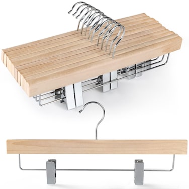 TOPIA HANGER Adult Natural Wood Pants Hangers, Unfinished Wooden Skirt Hanger with Adjustable Clips, Jeans Hanger with 360&deg; Swivel Anti-Rust Hook, Smooth Finish Wood Hanger for Trousers 10 Pack-CT10PN