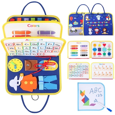 Busy Board for 1 2 3 4 Year Old Toddlers - Preschool Learning Activities Busy Book, Montessori Toys for Fine Motor Skills, Airplane Car Travel Essentials for Kids Boys Girls (Blue)