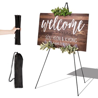 Easel Stand for Display Wedding Sign &amp; Poster - 63 Inches Tall Easle for Display Holder - Portable Collapsable Poster Easel - Floor Adjustable Metal Painting Easels Tripod Black