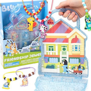 Bluey Friendship Jewelry, Create 4 Bluey Charm Bracelets &amp; 2 Bluey Charm Necklaces, Includes 150 Beads &amp; 6 Rubber Charms with Bluey Storage Case, Gifts for Kids Boys Girls