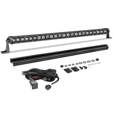 30 Inch Single Row Light Bar 168W Slim LED Light Kit w/Wiring Harness Black Cover Spot Flood Combo Offroad Driving Bumper Grille Lights for Trucks Pickup UTV SUV Chevy Ram RZR Roof