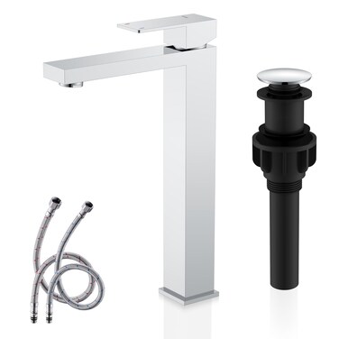 KENES Chrome Bowl Vessel Sink Facuet Single Handle Tall Bathroom Sink Faucet Bathroom Vanity Faucet Basin Mixer Tap with Water Supply Lines and Pop Up Sink Drain, LJ-9031A-5