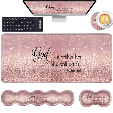 Keyboard Wrist Rest and Mouse Pad with Wrist Support Set Ergonomic Coaster,Memory Foam,Easy Typing Pain Relief,Large XL Desk Mat 31.5"x 11.8",Rose Gold Glitter Quote Bible Verse Psalm 46-5