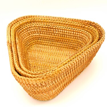Set of 3 Handmade Rattan Triangle Fruit Basket Side Table Decorative Organizers Corner Shelves Snack Serving Bowls,10 Inch Woven Wicker Brown Basket with 3" Wall