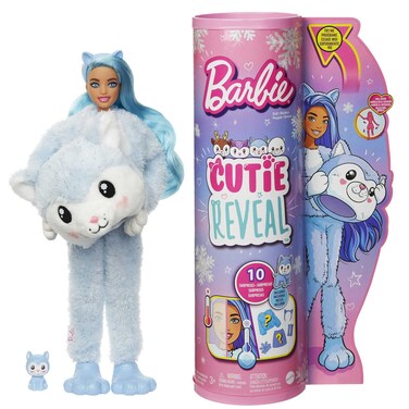 Barbie Cutie Reveal Doll, Snowflake Sparkle Series Husky Plush Costume, 10 Surprises Including Mini Pet &amp; Color Change