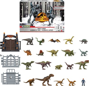 Mattel Jurassic World Dominion Advent Calendar, 24-Day Countdown, Daily Surprise of Mini Dinos, Humans &amp; Gate Pieces, Holiday Gift