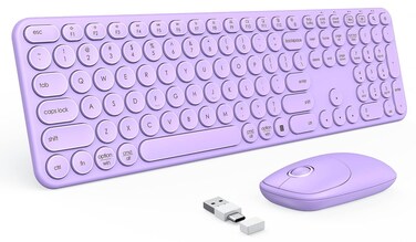 PEIOUS Wireless Keyboard and Mouse Combo, Cute Purple Keyboard &amp; Mouse with USB and Type C Receiver, Full Size Wireless Combo Compatible for MacBook, Windows, Laptop, PC - Purple