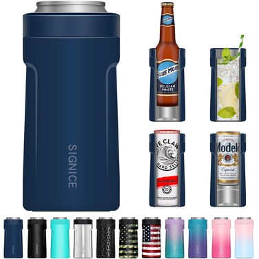 3 In 1 Insulated Universal Can Cooler - Signice Double Walled Vacuum Insulator Stainless Steel Slim Can Cooler for 12 Oz Skinny Tall Standard Regular Can Beer Bottle (Navy Blue)
