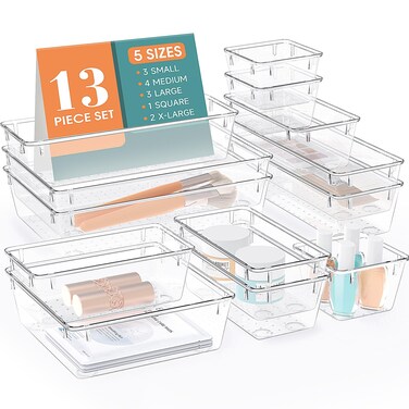 13 PCS Drawer Organizer Set, 5 Varied Size Bathroom and kitchen Drawer cabinet organizer Trays, Clear Storage Bins for Makeup, Jewelry, Utensils and Gadgets