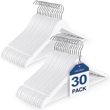 TOPIA HANGER Wooden Coat Hangers 30 Pack, White Wood Suit Hangers with Non Slip Pants Bar, 360&deg; Swivel Hook and Shoulder Notches for Camisole, Jacket, Pants, Smooth Finish Clothes Hangers -CT34W30