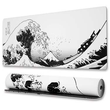 Ovenbird Gaming Mouse Pad with Stitched Edges, Japanese Wave Mouse Pad, Extended XL Mousepad with Anti-Slip Base, Cool Large Mouse Pad for Desk, 31.5 x 11.8 in, Black and White