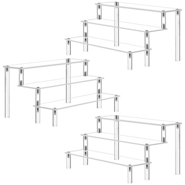 Acrylic Riser Clear Display Stand Cologne Organizer Acrylic Shelves 3 Tier Shelf for Amiibo Funko Figures Toys Cupcake Food Desserts Perfume Collection (3 PACKS)