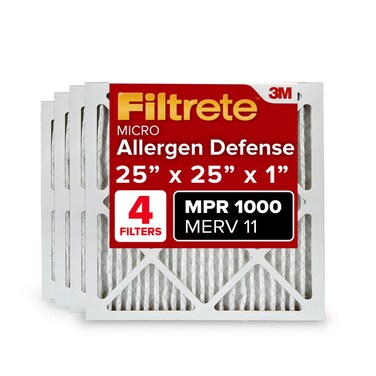 Filtrete 25x25x1 AC Furnace Air Filter, MERV 11, MPR 1000, Micro Allergen Defense, 3-Month Pleated 1-Inch Electrostatic Air Cleaning Filter, 4 Pack (Actual Size 4-Pack 24.688x24.688x0.813 in)