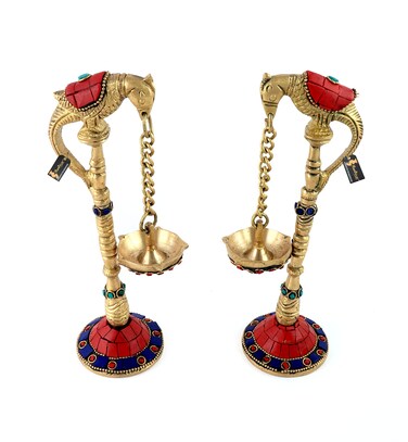 Gemstone Work Parrot Design 7.5 Inches Brass Hanging Diya Pair, Material - Brass, Standard, Pack of 2