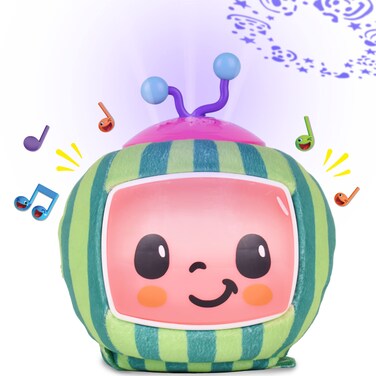 Sunny Days Entertainment CoComelon Official Musical Projector Night Light   Soft Plush Melon Body   Plays Bedtime Songs and Lights Up   Sleep Soother for Toddlers