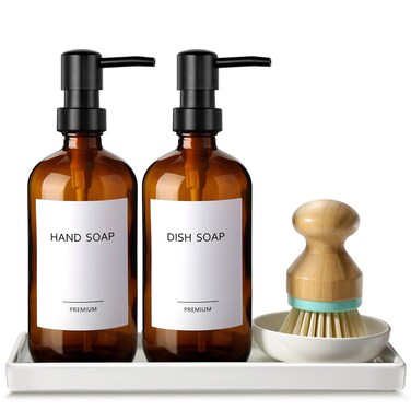 GMISUN Dish Soap Dispenser, 16 Oz Kitchen Soap Dispenser Set with Ceramic Tray &amp; Bamboo Brush, 2 Pack Thick Amber Glass Soap Dispenser, Farmhouse Refillable Hand and Dish Liquid Soap Pump Bottle Set