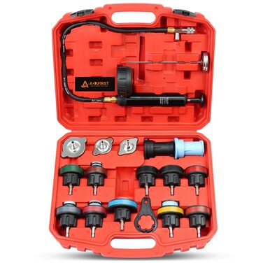 Radiator Pressure Tester Kit, 18PCS Automotive Water Tank Manual Pump Pressure Test Tool and Adapters Work on Cooling System Leak Down Detection for Cars Motorcycles Trucks Airlifts, Red