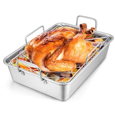 LIANYU 16 Inch Roasting Pan, Large Turkey Roaster with V-Shaped Rack and Baking Rack, Heavy Duty Stainless Steel Deep Broiling Lasagna Pan with Handle for Chicken, Dishwasher Safe