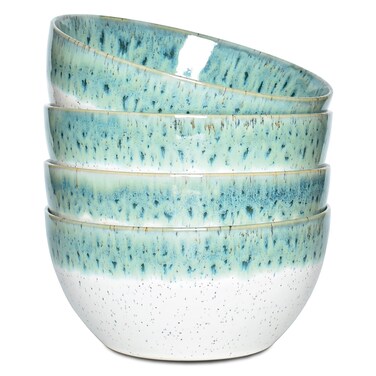 Bosmarlin Stoneware Soup Bowl Set of 4, 26 Oz, Cereal Bowl for Oatmeal, Dishwasher and Microwave Safe, Reactive Glaze (Turquoise Green, 6 in)