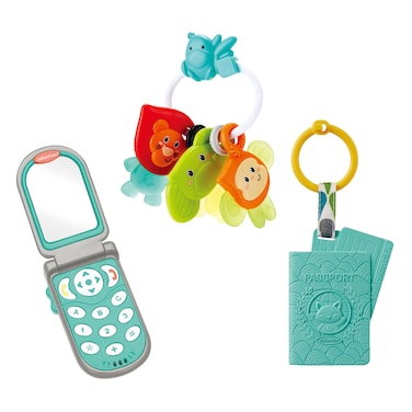 Infantino Mini Me Pretend Play Set - Electronic Flip Phone, Passport Teether and Key Ring Pals, Selfie Mirror, Lights, Buttons and Sounds, 3 Bilingual Phrases, for Infants and Toddlers 0M+