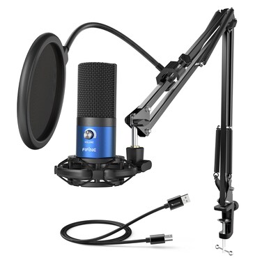 FIFINE USB Recording PC Microphone Kit, Computer Condenser Cardioid Mic on Mac Windows PS4/PS5, for Streaming, Podcasting, Gaming, Video, Home Use, with Gain Knob, Arm Stand-T669 Blue