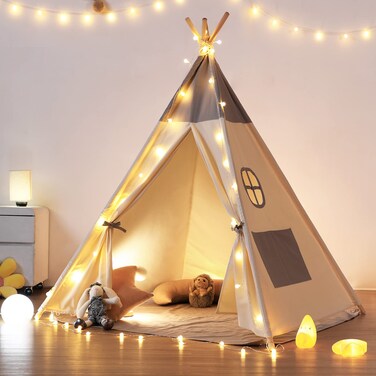 besrey Teepee Tent for Kids with Light &amp; Mat, Toddler Tents Indoor Play Tent Playhouse, Toddler Tipi 100% Cotton, tee Pee Tents for Kids Indoor, Boys &amp; Girls Teepee,Children Room Playhouse