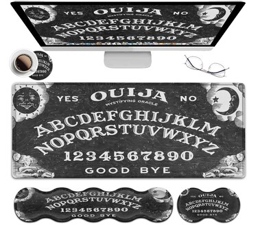 Gaming Mouse Pad XXL Large Desk Mat Ouija Board Witch Extended Mousepad Non-Slip Rubber Mice Pads Stitched Edges(31.5x11.8 In)Ergonomic Premium Memory Foam Keyboard Wrist Rest and Black Mouse Pad Set