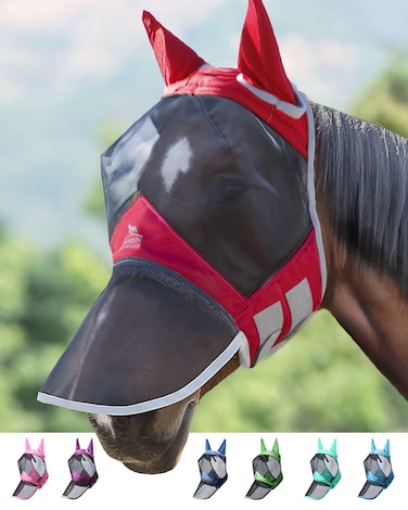 Harrison Howard CareMaster Pro Luminous Horse Fly Mask Large Eye Space Long Nose with Ears UV Protection for Horse Red XL Extra Full