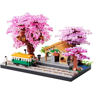 Japanese Cherry Blossom Train Station Micro Building Blocks Set - Creative Mini Bricks Model Kit for Adults and Kids (3668 PCS) with Figures
