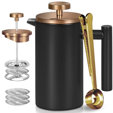 Black Mini French Press Coffee Maker 12oz, Single Cup French Press with Rose Gold Lid, 3 Extra Filters &amp; 1 Gold Spoon(350ml Compact Travel Size) Dishwasher Safe